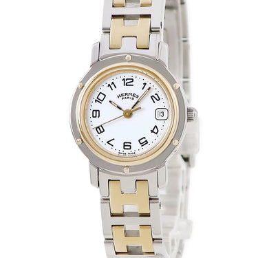 腕時計 エルメス HERMES クリッパー CL4.220 クオーツ レディース GP×SS コンビ ホワイト Hマークブレス ヴィンテージ