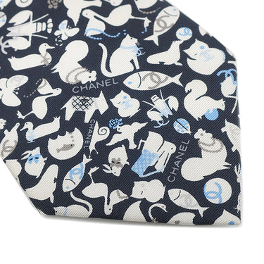 シャネル CHANEL アニマル柄 9.5cm ネイビー×アイボリー シルク ネクタイ 紺 ネコ フクロウ ウサギ 魚