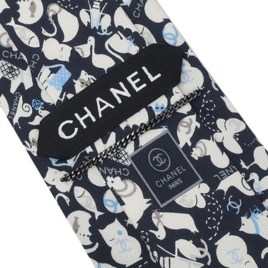シャネル CHANEL アニマル柄 9.5cm ネイビー×アイボリー シルク ネクタイ 紺 ネコ フクロウ ウサギ 魚