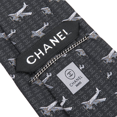 シャネル CHANEL 飛行機柄 9.5cm ブラック×グレー シルク ネクタイ 黒 グレー 総柄 ココマーク