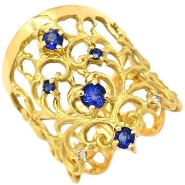 ノンブランド NON BRAND ブルーサファイア ダイヤ イエローゴールド K18YG サファイア ダイヤモンド リング 指輪 Au750 18K 18金 アンティークジュエリー 透かし彫り 14号