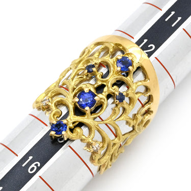 ノンブランド NON BRAND ブルーサファイア ダイヤ イエローゴールド K18YG サファイア ダイヤモンド リング 指輪 Au750 18K 18金 アンティークジュエリー 透かし彫り 14号