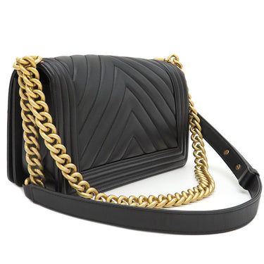 シャネル CHANEL ボーイシャネル A67086 ブラック レザー ショルダーバッグ ヴィンテージ金具 黒 シェブロン チェーンショルダー