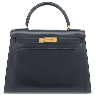 エルメス HERMES ケリー28 外縫い ネイビー系 ボックスカーフ ハンドバッグ ゴールド金具 紺 ストラップ・カデナ欠品