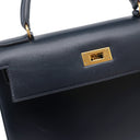 エルメス HERMES ケリー28 外縫い ネイビー系 ボックスカーフ ハンドバッグ ゴールド金具 紺 ストラップ・カデナ欠品