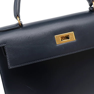 エルメス HERMES ケリー28 外縫い ネイビー系 ボックスカーフ ハンドバッグ ゴールド金具 紺 ストラップ・カデナ欠品
