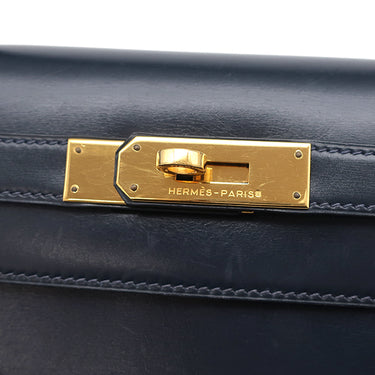 エルメス HERMES ケリー28 外縫い ネイビー系 ボックスカーフ ハンドバッグ ゴールド金具 紺 ストラップ・カデナ欠品