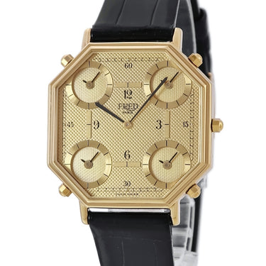 腕時計 フレッド FRED クオーツ メンズ イエローGP 5タイムゾーン GMT ゴールド アラビア オクタゴン