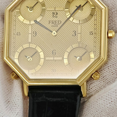 腕時計 フレッド FRED クオーツ メンズ イエローGP 5タイムゾーン GMT ゴールド アラビア オクタゴン