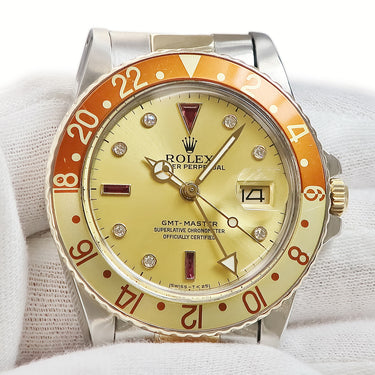 腕時計 ロレックス ROLEX GMTマスター 16753RG 62番 自動巻き メンズ 62番 K18YG×SS 純正ダイヤ シャンパン ルートビア 70年代後期 希少