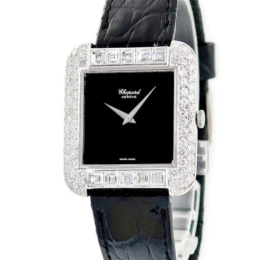 腕時計 ショパール CHOPARD - クオーツ メンズ レディース OH済 K18WG無垢 純正ダイヤ ブラック 黒 スクエア