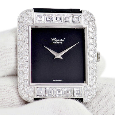 腕時計 ショパール CHOPARD - クオーツ メンズ レディース OH済 K18WG無垢 純正ダイヤ ブラック 黒 スクエア