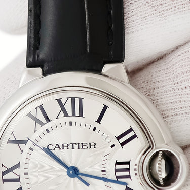 腕時計 カルティエ Cartier バロンブルー 36mm W69017Z4 自動巻き メンズ シルバー ギヨシェ 青針 ブルースティール ローマン
