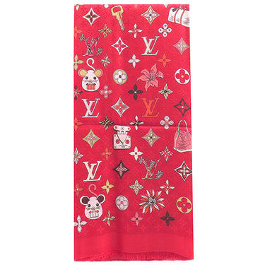 ルイヴィトン LOUIS VUITTON M76084 レッド シルク ウール ストール 赤 マウス 柄