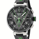 腕時計 ルイヴィトン LOUIS VUITTON タンブール クロノグラフ ダミエ・グラフィット レース QA130Z 自動巻き メンズ ブラックPVD グリーン