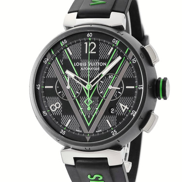 腕時計 ルイヴィトン LOUIS VUITTON タンブール クロノグラフ ダミエ・グラフィット レース QA130Z 自動巻き メンズ ブラックPVD グリーン