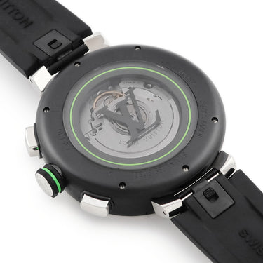 腕時計 ルイヴィトン LOUIS VUITTON タンブール クロノグラフ ダミエ・グラフィット レース QA130Z 自動巻き メンズ ブラックPVD グリーン