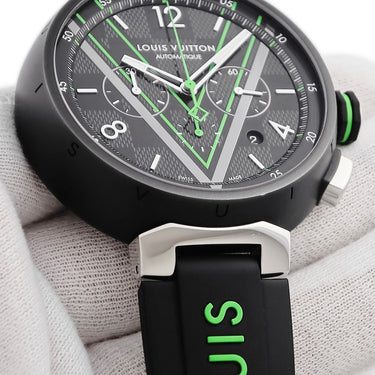 腕時計 ルイヴィトン LOUIS VUITTON タンブール クロノグラフ ダミエ・グラフィット レース QA130Z 自動巻き メンズ ブラックPVD グリーン