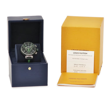 腕時計 ルイヴィトン LOUIS VUITTON タンブール クロノグラフ ダミエ・グラフィット レース QA130Z 自動巻き メンズ ブラックPVD グリーン