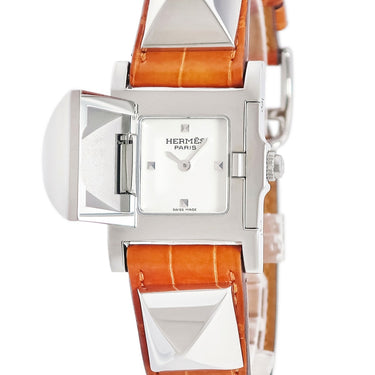 腕時計 エルメス HERMES メドール ME3.210 クオーツ レディース スクエア スタッズ ピラミッド シルバー