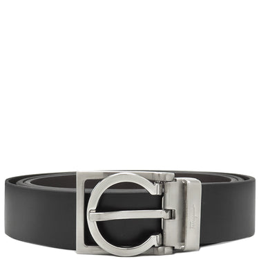 フェラガモ FERRAGAMO ガンチーニ リバーシブル ブラック×ブラウン カーフ ベルト シルバー金具 黒 茶