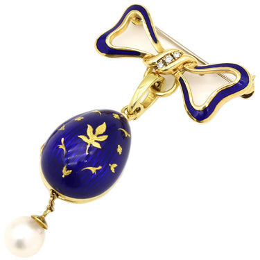 FABERGE ファベルジェ イースターエッグ チャーム イエローゴールド K18YG エナメル パール ダイヤモンド ブローチ