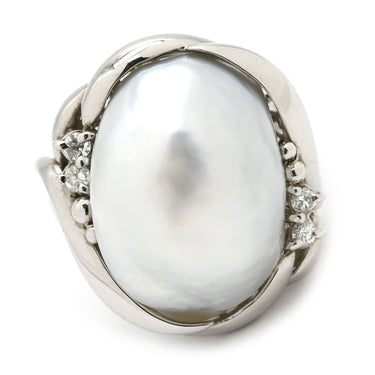 ノンブランド NON BRAND 白蝶パール ダイヤリング プラチナシルバー Pt900 パール ダイヤモンド リング 指輪 1粒 1P オーバル シルバー 10号