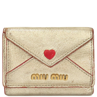 ミュウミュウ MIU MIU MADRAS LOVE マドラス ラブ 5MH021 ゴールド×レッド レザー 三つ折り財布 ゴールド金具 金 赤 コンパクト