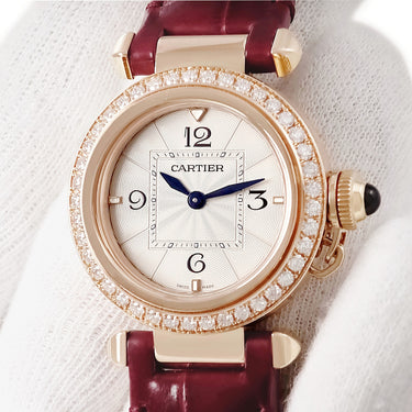腕時計 カルティエ Cartier パシャ ドゥ カルティエ WJPA0021 クオーツ レディース K18RG無垢 純正ダイヤ グリッド ギヨシェ