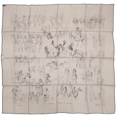 エルメス HERMES カレ90 CARRE ブラウン シルク スカーフ 【CROQUIS CHAMPS DE COURSES/競馬場のクロッキー】