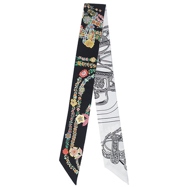 エルメス HERMES ツイリー ブラック×ホワイト×マルチカラー シルク スカーフ BRIDES DE GALA EN FLEURS & EYELINER/ブリッド ドゥ ガラ アン フルール & アイライナー