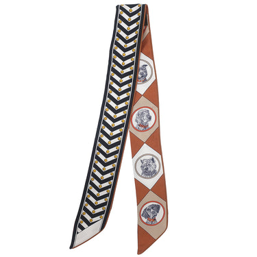 エルメス HERMES ツイリー ブラック×ホワイト×キャメル シルク レザー スカーフ 【COLLIERS ET CHIENS/首輪と犬】