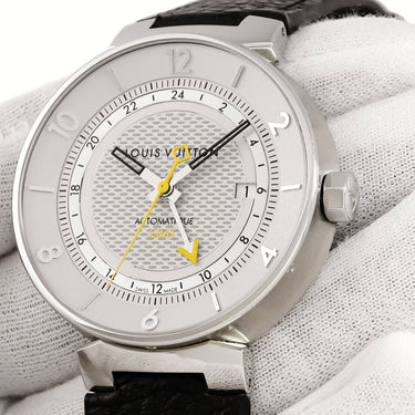 腕時計 ルイヴィトン LOUIS VUITTON タンブール ムーン GMT Q8D31 自動巻き メンズ デイト アラビア バー 2タイムゾーン