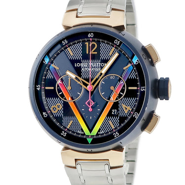 腕時計 ルイヴィトン LOUIS VUITTON タンブール クロノグラフ ダミエ コバルト Vレインボー QA129 自動巻き メンズ K18PG×SS 渋谷限定