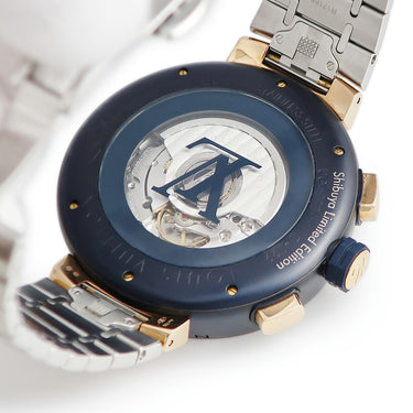 腕時計 ルイヴィトン LOUIS VUITTON タンブール クロノグラフ ダミエ コバルト Vレインボー QA129 自動巻き メンズ K18PG×SS 渋谷限定