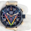 腕時計 ルイヴィトン LOUIS VUITTON タンブール クロノグラフ ダミエ コバルト Vレインボー QA129 自動巻き メンズ K18PG×SS 渋谷限定