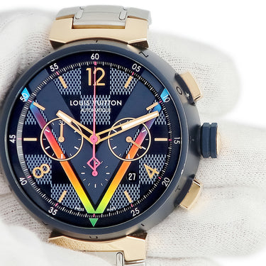 腕時計 ルイヴィトン LOUIS VUITTON タンブール クロノグラフ ダミエ コバルト Vレインボー QA129 自動巻き メンズ K18PG×SS 渋谷限定
