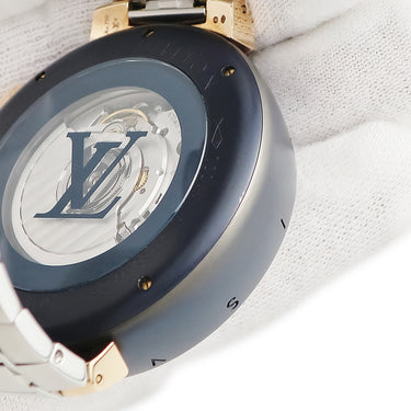 腕時計 ルイヴィトン LOUIS VUITTON タンブール クロノグラフ ダミエ コバルト Vレインボー QA129 自動巻き メンズ K18PG×SS 渋谷限定