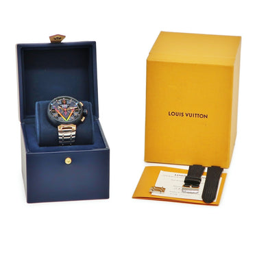 腕時計 ルイヴィトン LOUIS VUITTON タンブール クロノグラフ ダミエ コバルト Vレインボー QA129 自動巻き メンズ K18PG×SS 渋谷限定