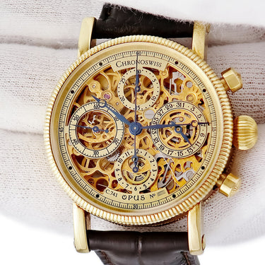 腕時計 クロノスイス CHRONOSWISS オーパス CH7521 自動巻き メンズ K18YG無垢 クロノグラフ デイト スケルトン 青針