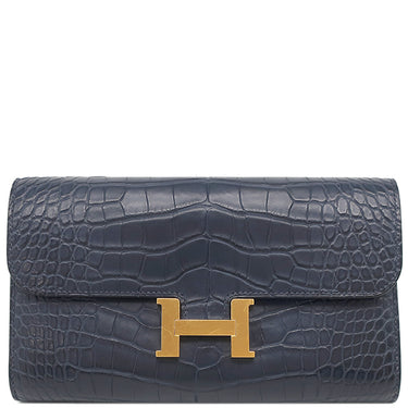 エルメス HERMES コンスタンス トゥーゴー ブルーマリン アリゲーターマット 長財布 ゴールド金具 紺 クロコ ショルダー