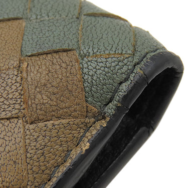 ボッテガヴェネタ BOTTEGA VENETA イントレチャート ブラック×ブラウン×カーキ レザー 長財布 黒 茶 緑 二つ折り 札入れ