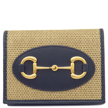 グッチ GUCCI ホースビット 1955 カードケース 621887 ベージュ×ネイビー キャンバス レザー 二つ折り財布 ゴールド金具 紺 コンパクトウォレット