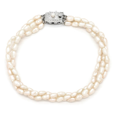 ノンブランド NON BRAND パールブレスレット パールホワイト パール シルバー ブレスレット 真珠 3連 淡水パール オーバル