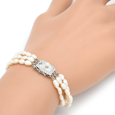 ノンブランド NON BRAND パールブレスレット パールホワイト パール シルバー ブレスレット 真珠 3連 淡水パール オーバル