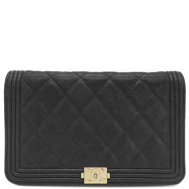 シャネル CHANEL ボーイシャネル ブラック キャビアスキン チェーンウォレット シャンパンゴールド金具 黒 チェーンショルダー