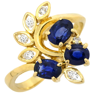 ノンブランド NON BRAND ブルーサファイア ダイヤリング イエローゴールド×ブルー K18YG ダイヤモンド サファイア リング 指輪 Au750 18K 18金 リーフ 9.5号