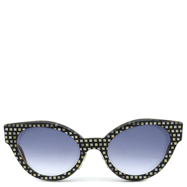 CUTLER AND GROSS キャットアイ 52□18 ブラック×ブラウン×マルチカラー プラスチック レザー サングラス シルバー金具 黒 茶 モザイク柄