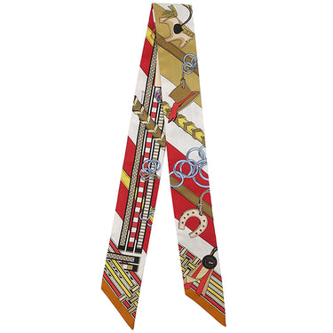 エルメス HERMES ツイリー ルージュ×ホワイト×モルドレ シルク スカーフ 新品 未使用【BRIDES ET GRIS-GRIS/馬勒とチャーム】