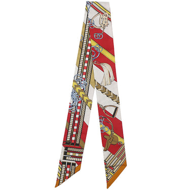 エルメス HERMES ツイリー ルージュ×ホワイト×モルドレ シルク スカーフ 新品 未使用【BRIDES ET GRIS-GRIS/馬勒とチャーム】